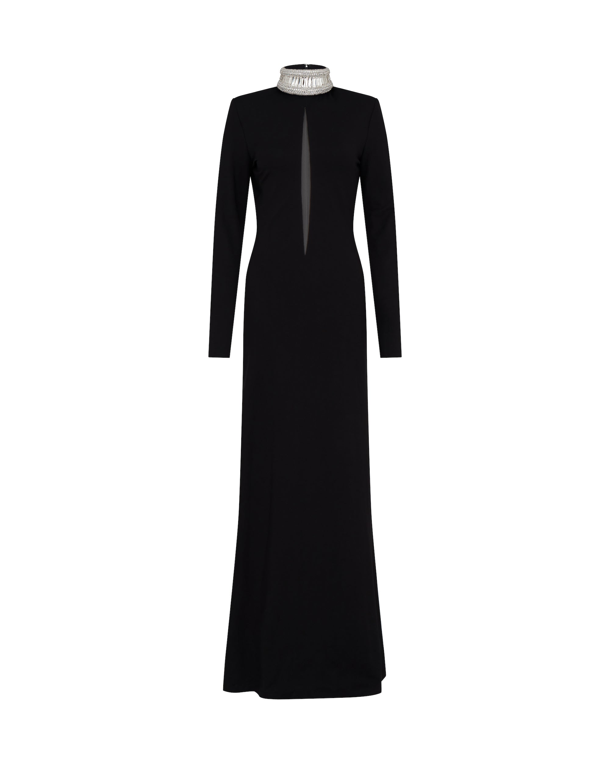 Black crêpe dress with crystal embroidered neckline and sleeves