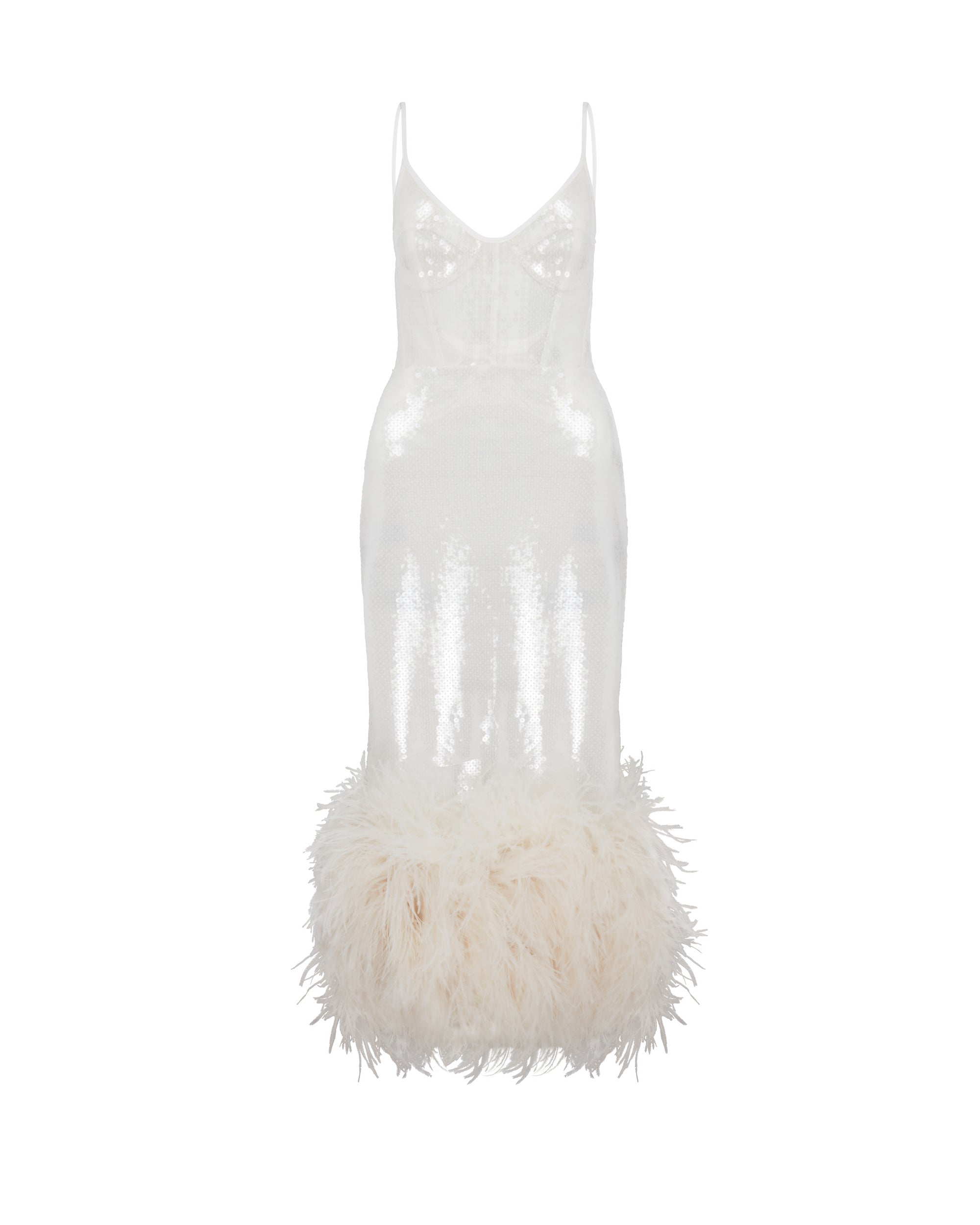 The white dress Mark Fast with sequins and ostrich feathers Cardi