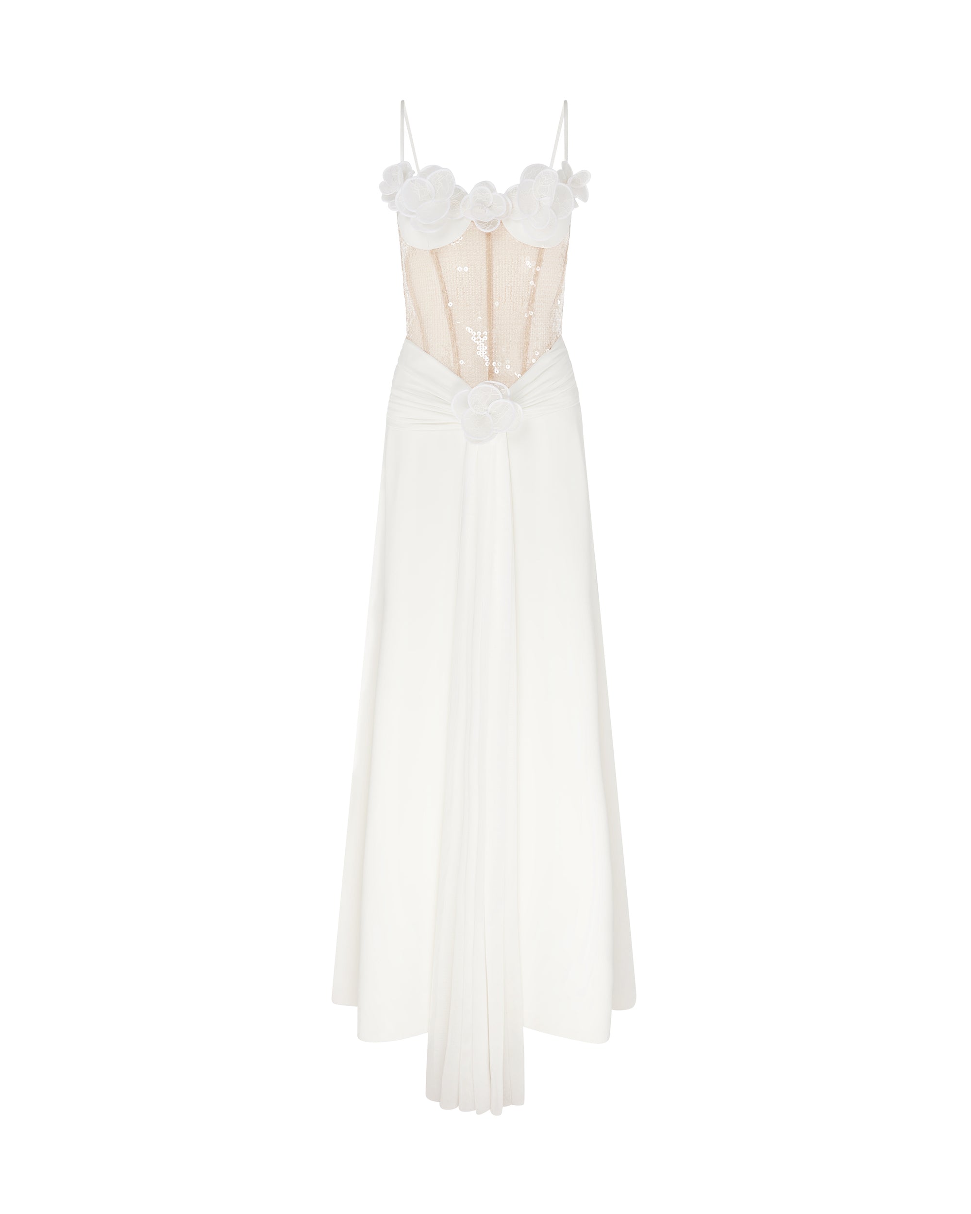 david koma beige dress 3D LACE FLOWER AND CORSET GOWN – Feather dress