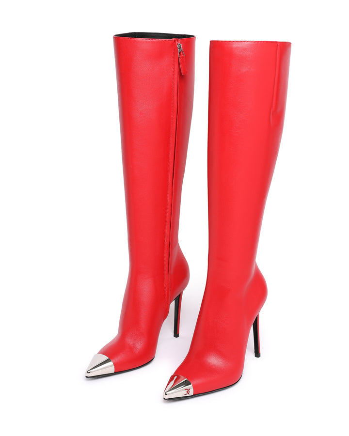 NAPA LEATHER KNEE HIGH BOOTS IN RED