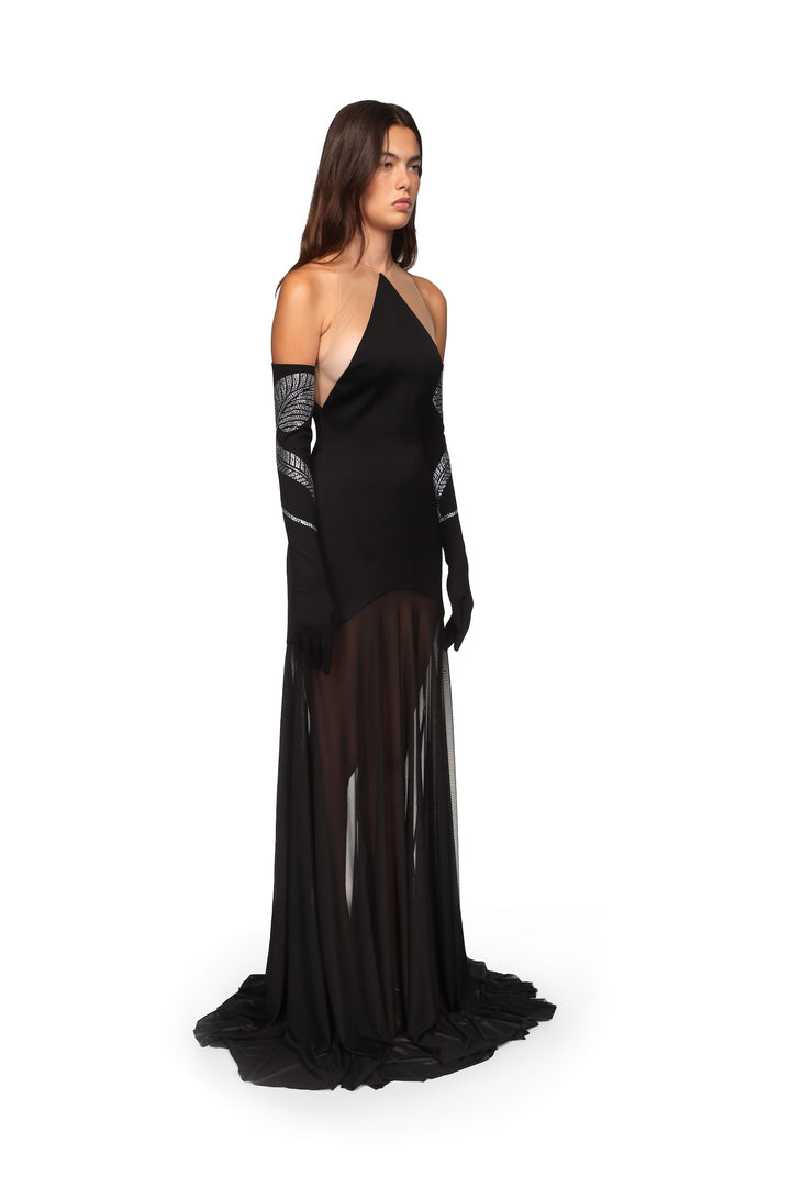 SATIN HALTERNECK GOWN WITH MESH SKIRT BLACK