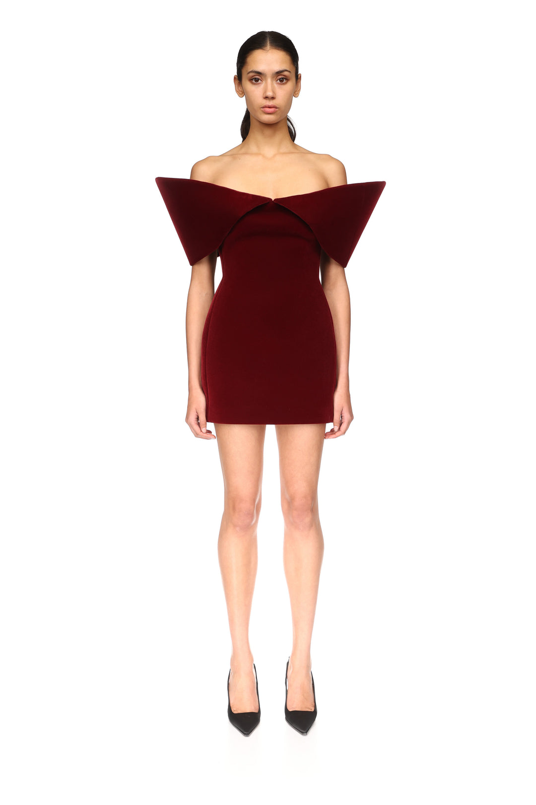 OFF SHOULDER SCULPTURED MINI DRESS IN BURGUNDY