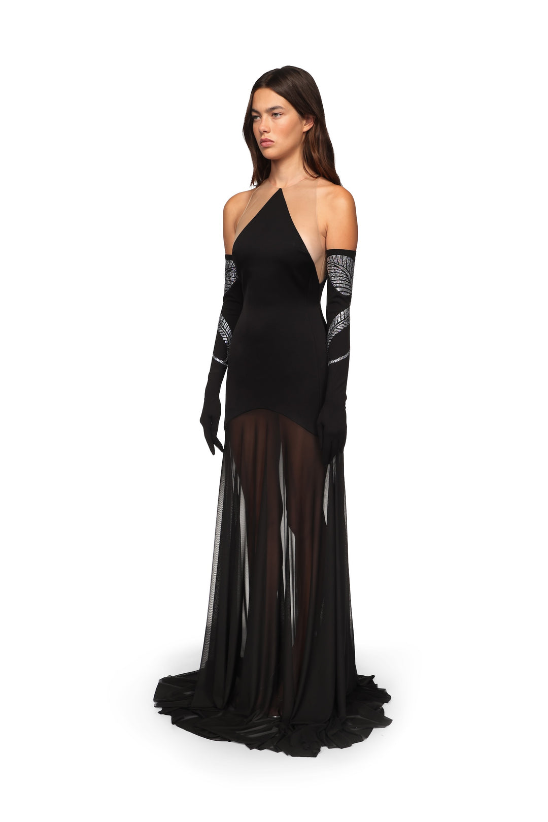 SATIN HALTERNECK GOWN WITH MESH SKIRT BLACK