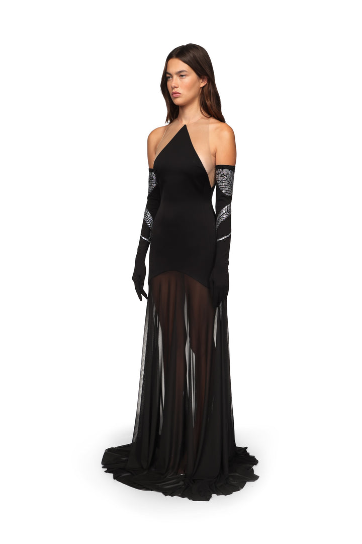 SATIN HALTERNECK GOWN WITH MESH SKIRT BLACK
