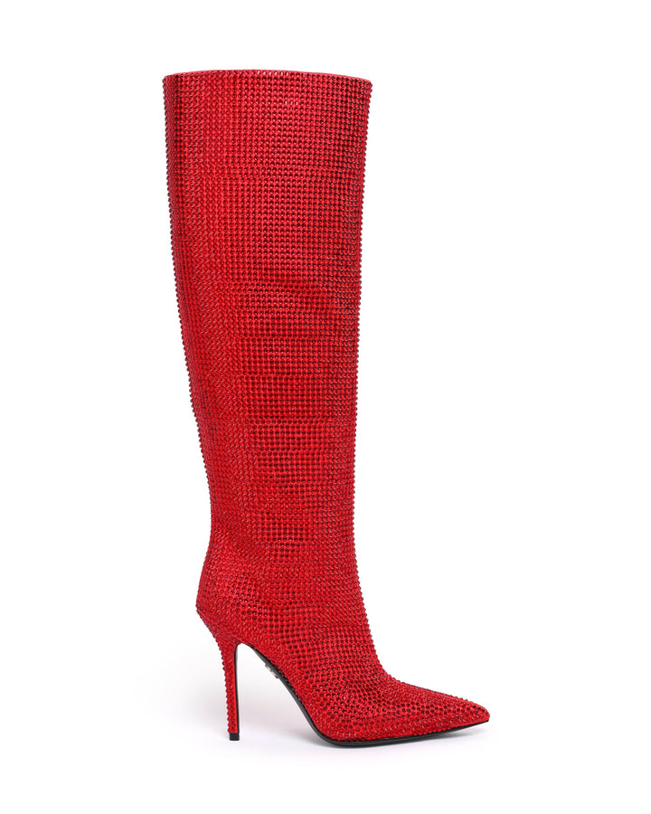 ALL OVER CRYSTAL KNEE HIGH BOOTS IN RED