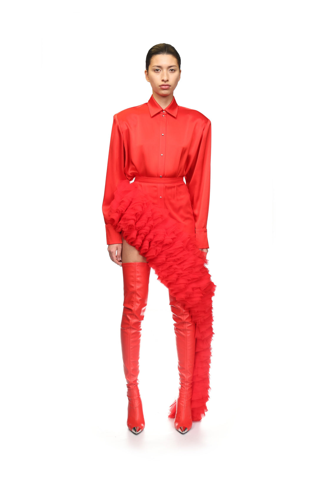 LIP EMBROIDERY SATIN SHIRT