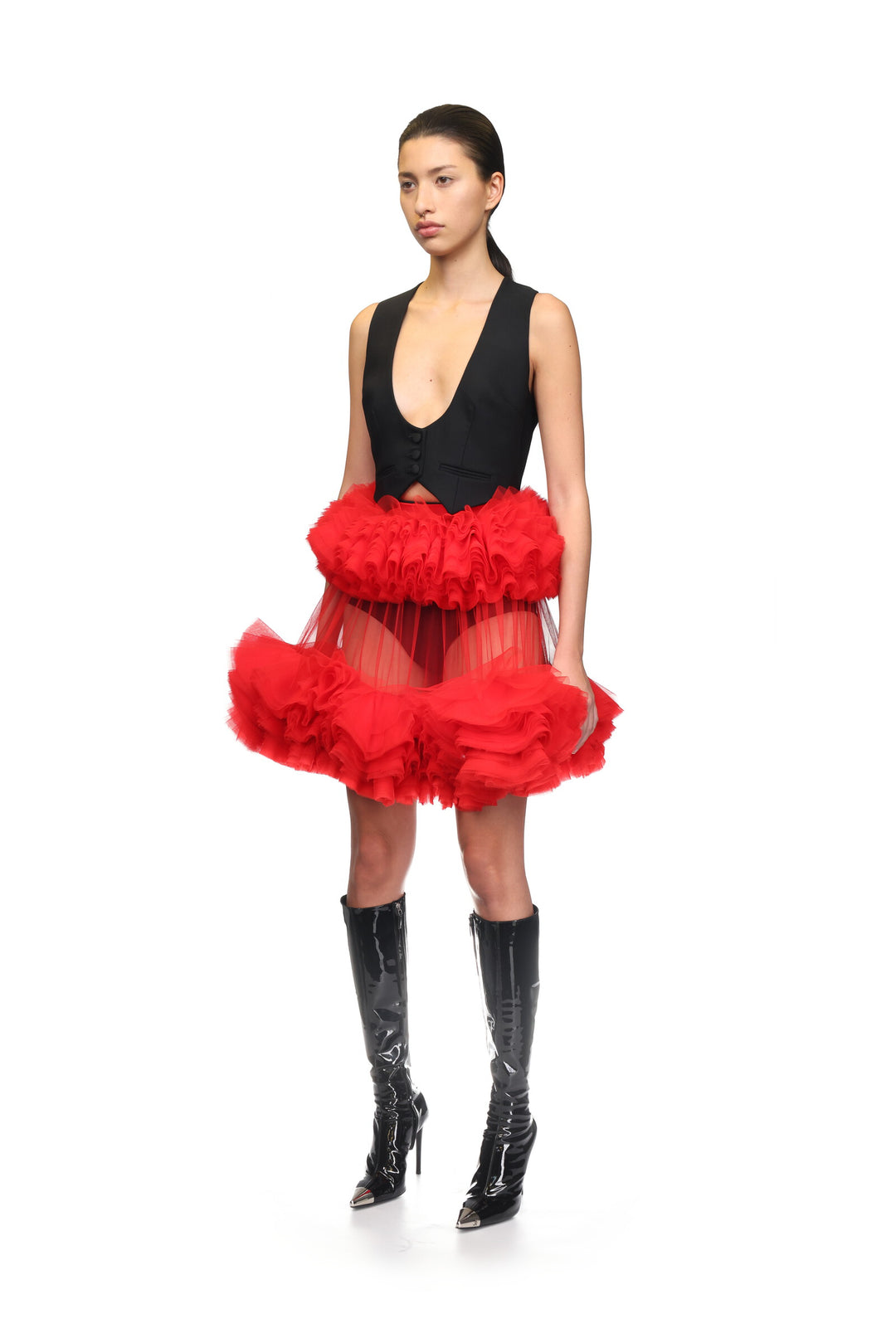 PATENT LEATHER KNEE HIGH BOOTS IN BLACK