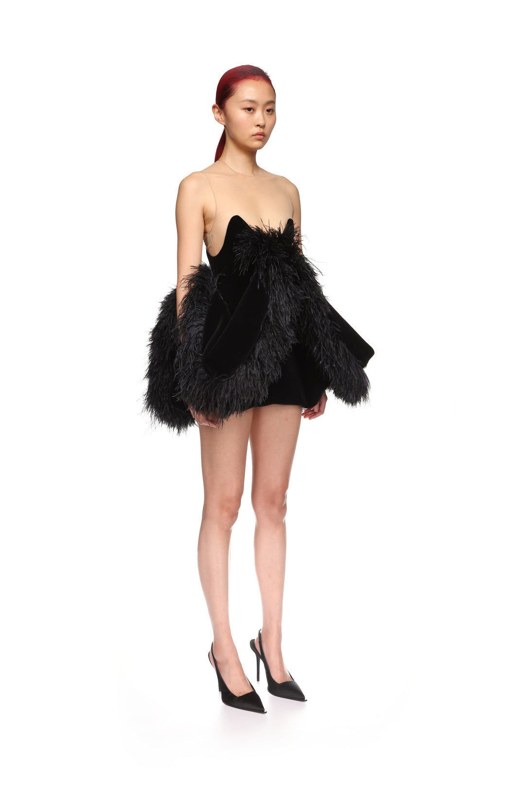 FOLD SKIRT AND FEATHER TRIM MINI DRESS