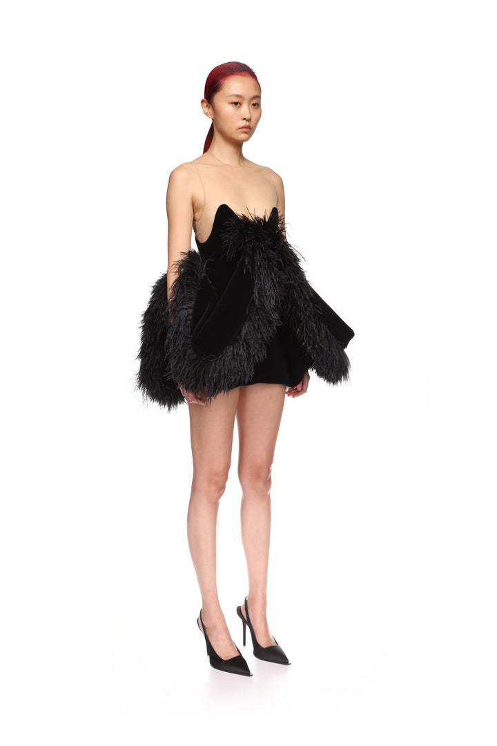 FOLD SKIRT AND FEATHER TRIM MINI DRESS