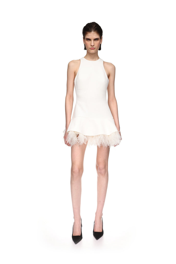 FEATHER TRIM MINI DRESS IN WHITE
