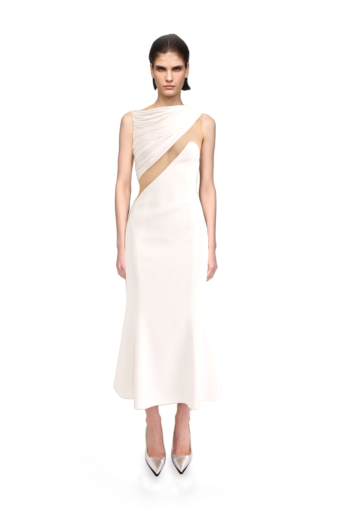 DRAPED JERSEY AND TULLE INSERT MIDI DRESS