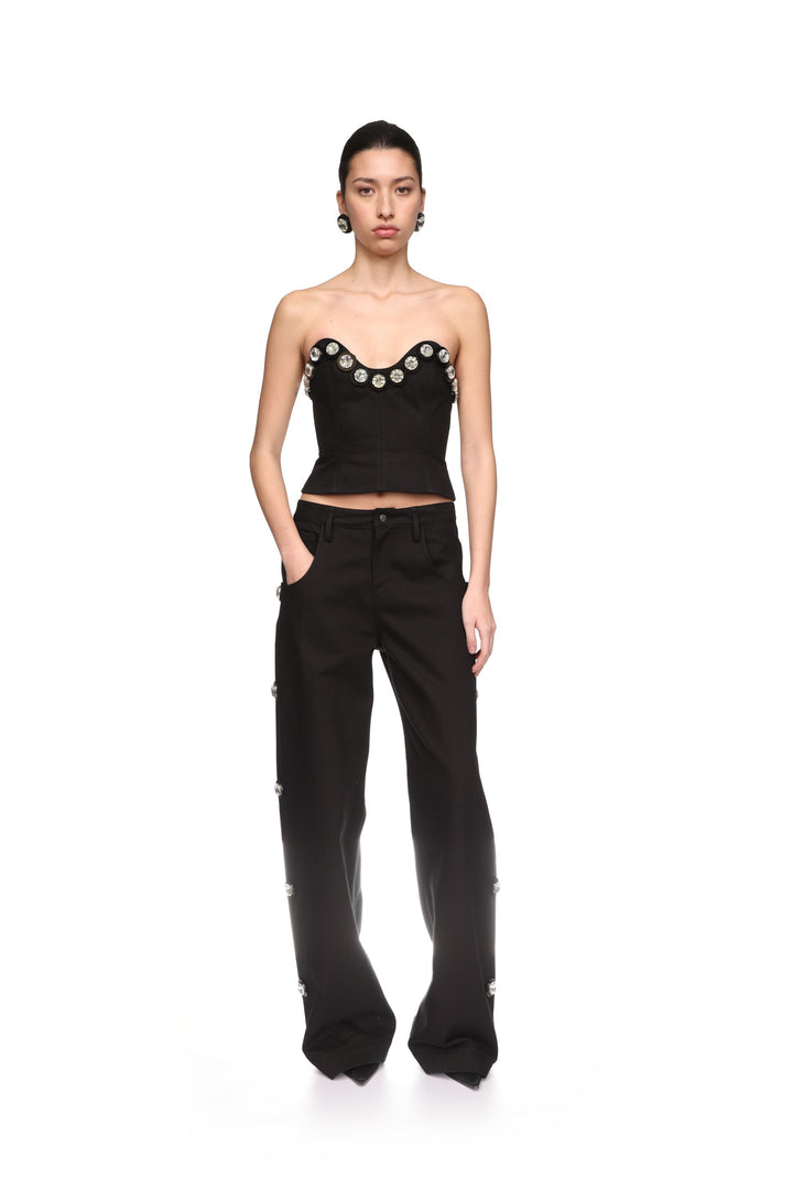 CRYSTAL EMBROIDERED DENIM TROUSERS