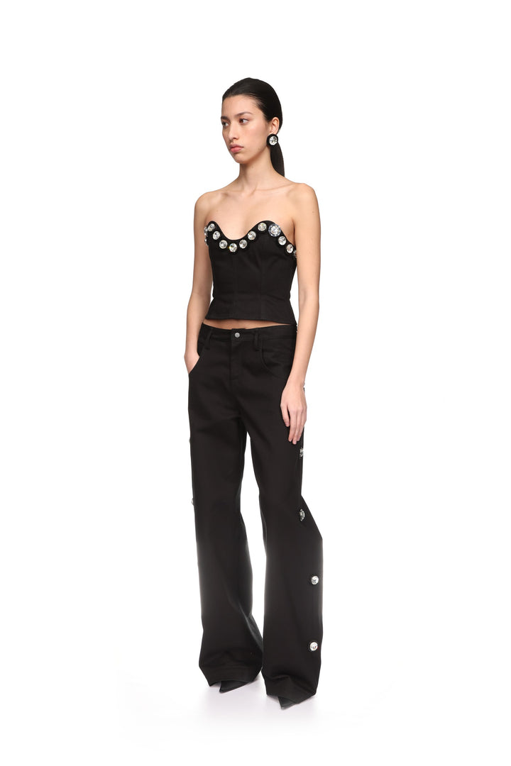 CRYSTAL EMBROIDERED DENIM TROUSERS