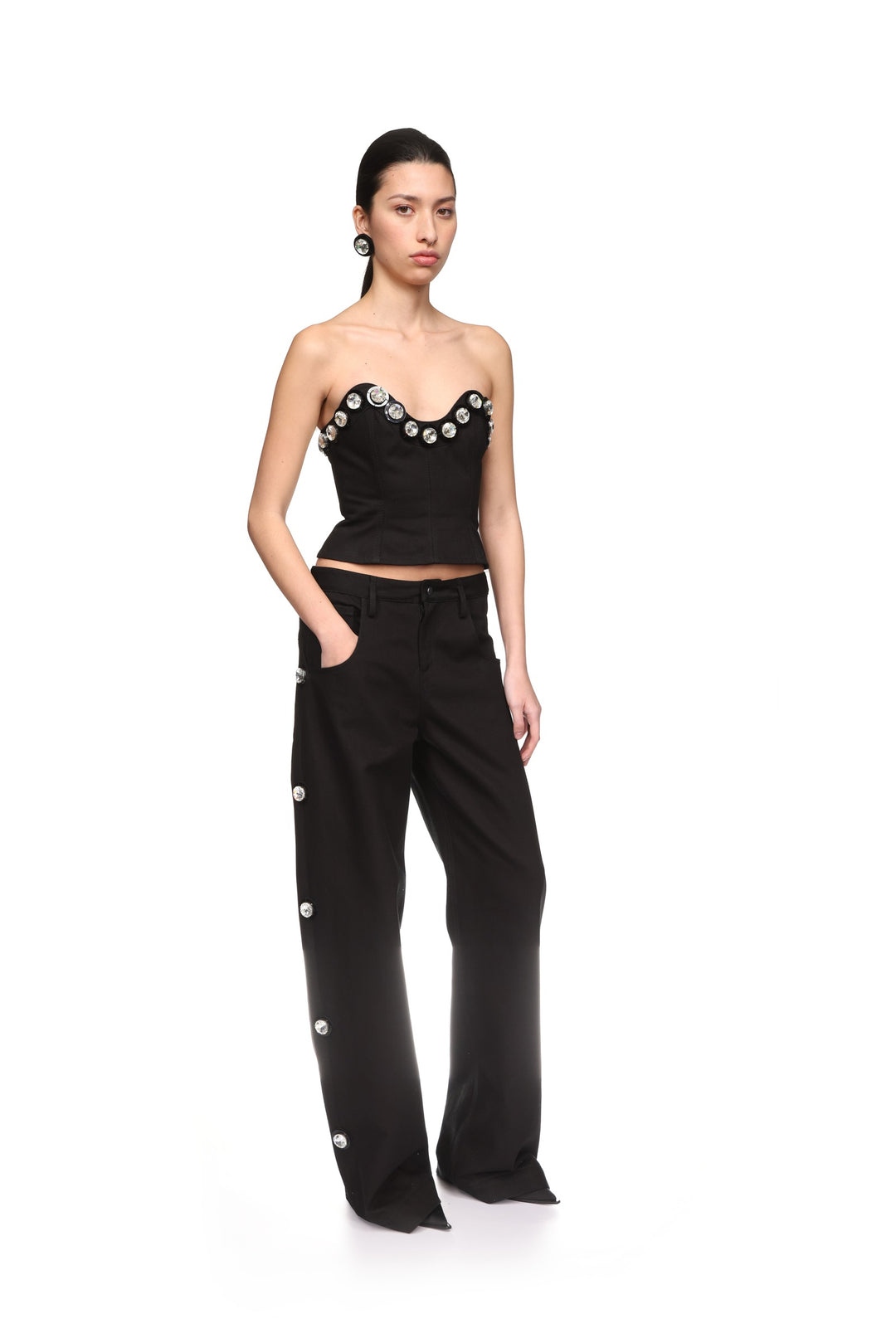 CRYSTAL EMBROIDERED DENIM TROUSERS