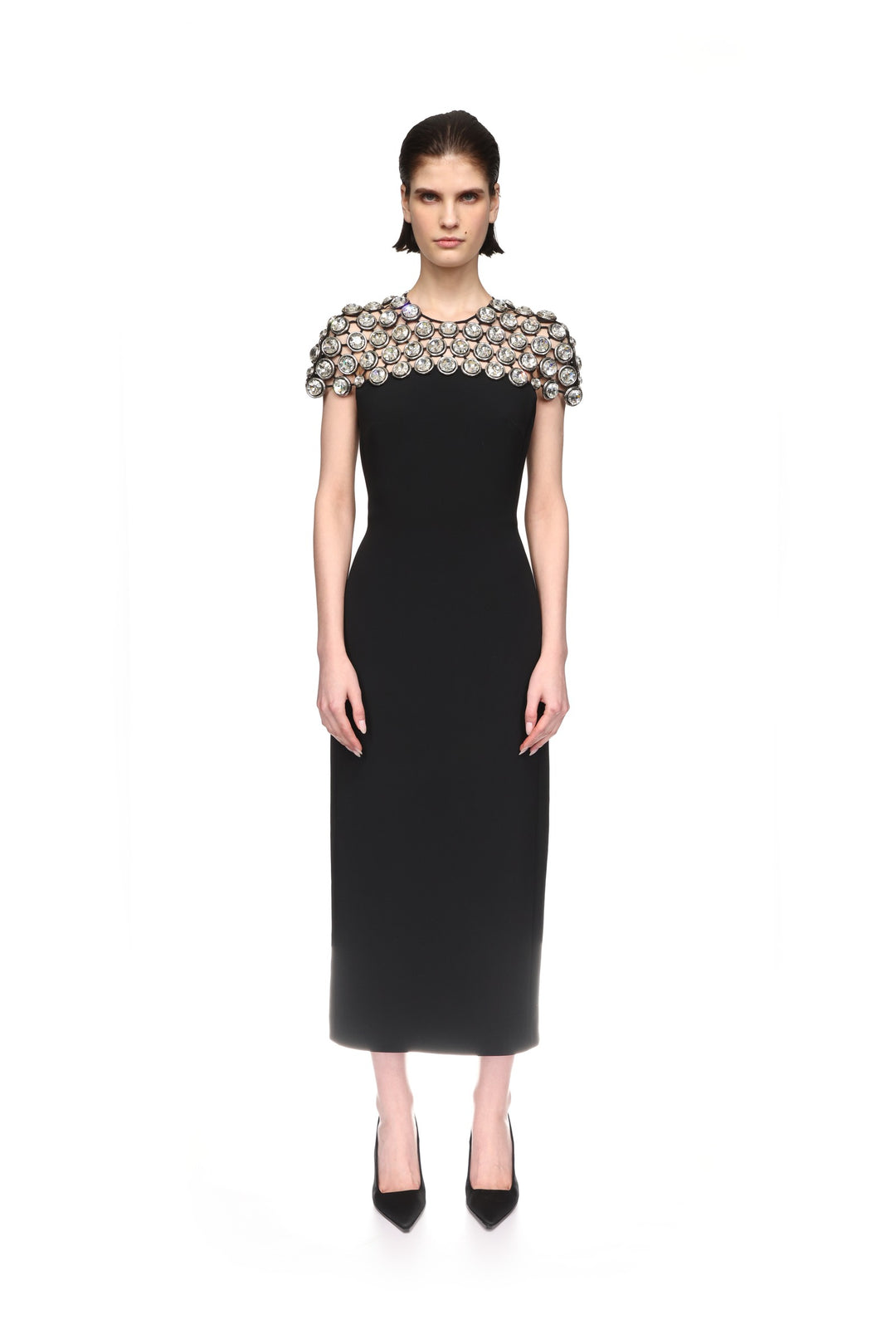 CRYSTAL EMBROIDERED CAP SLEEVE MIDI DRESS