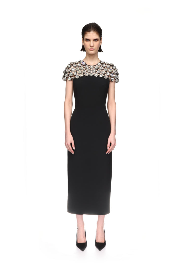 CRYSTAL EMBROIDERED CAP SLEEVE MIDI DRESS