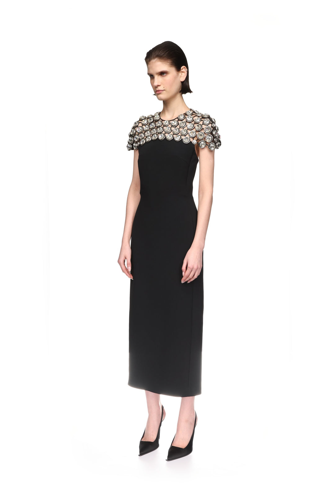 CRYSTAL EMBROIDERED CAP SLEEVE MIDI DRESS