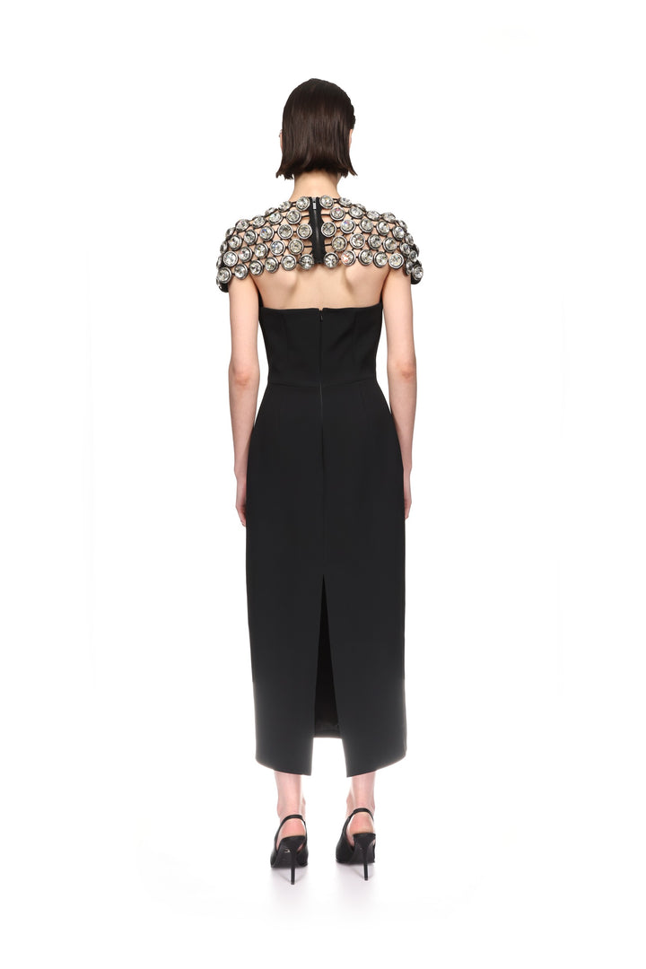 CRYSTAL EMBROIDERED CAP SLEEVE MIDI DRESS