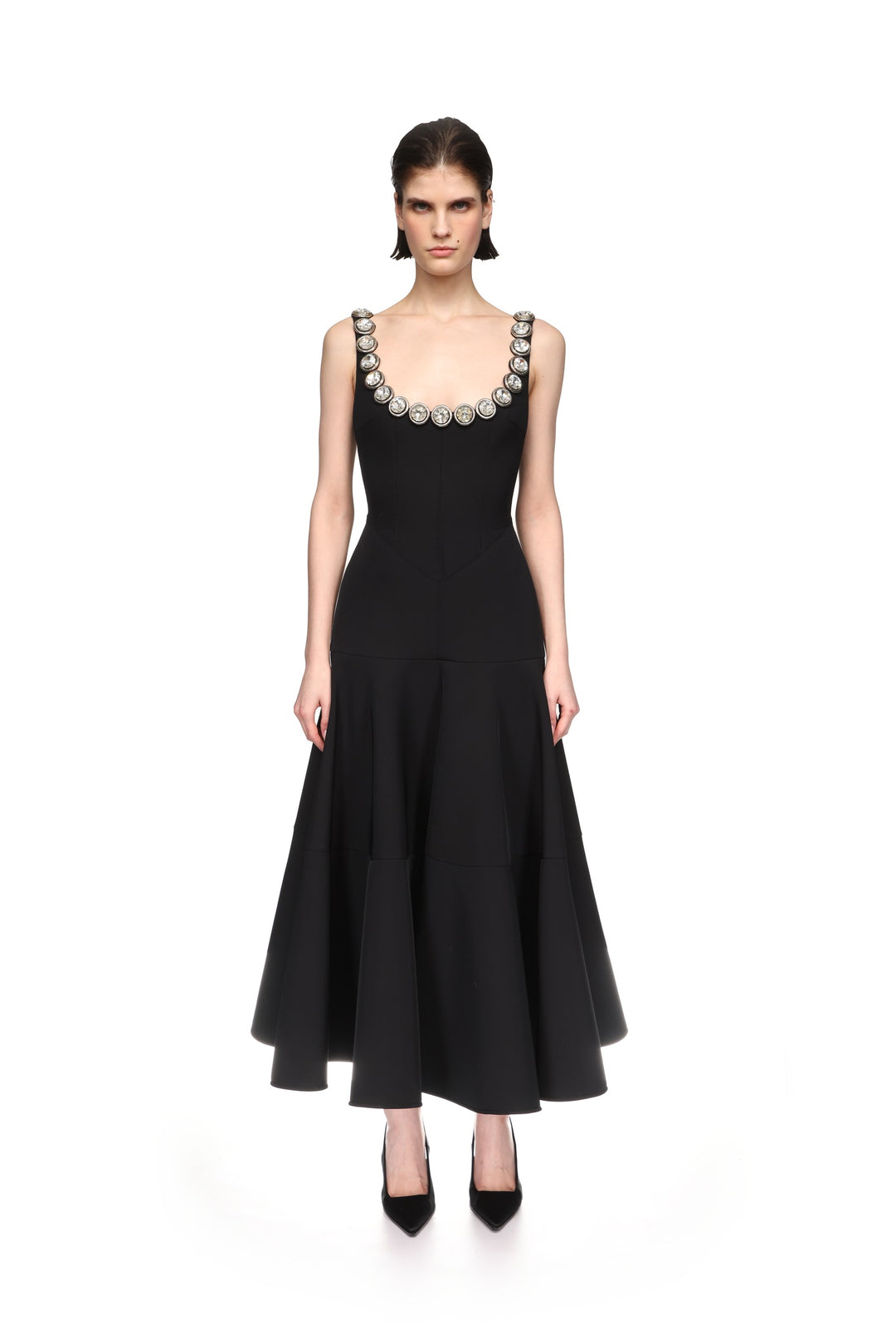 CRYSTAL EMBROIDERED NECKLINE MIDI DRESS
