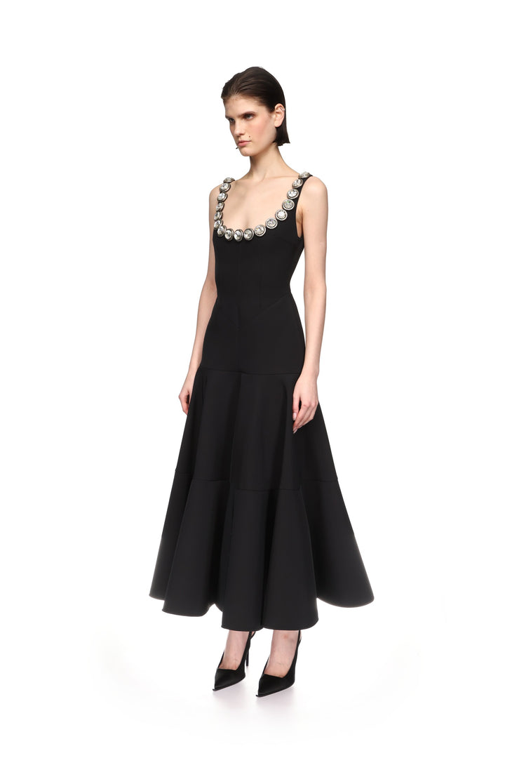 CRYSTAL EMBROIDERED NECKLINE MIDI DRESS