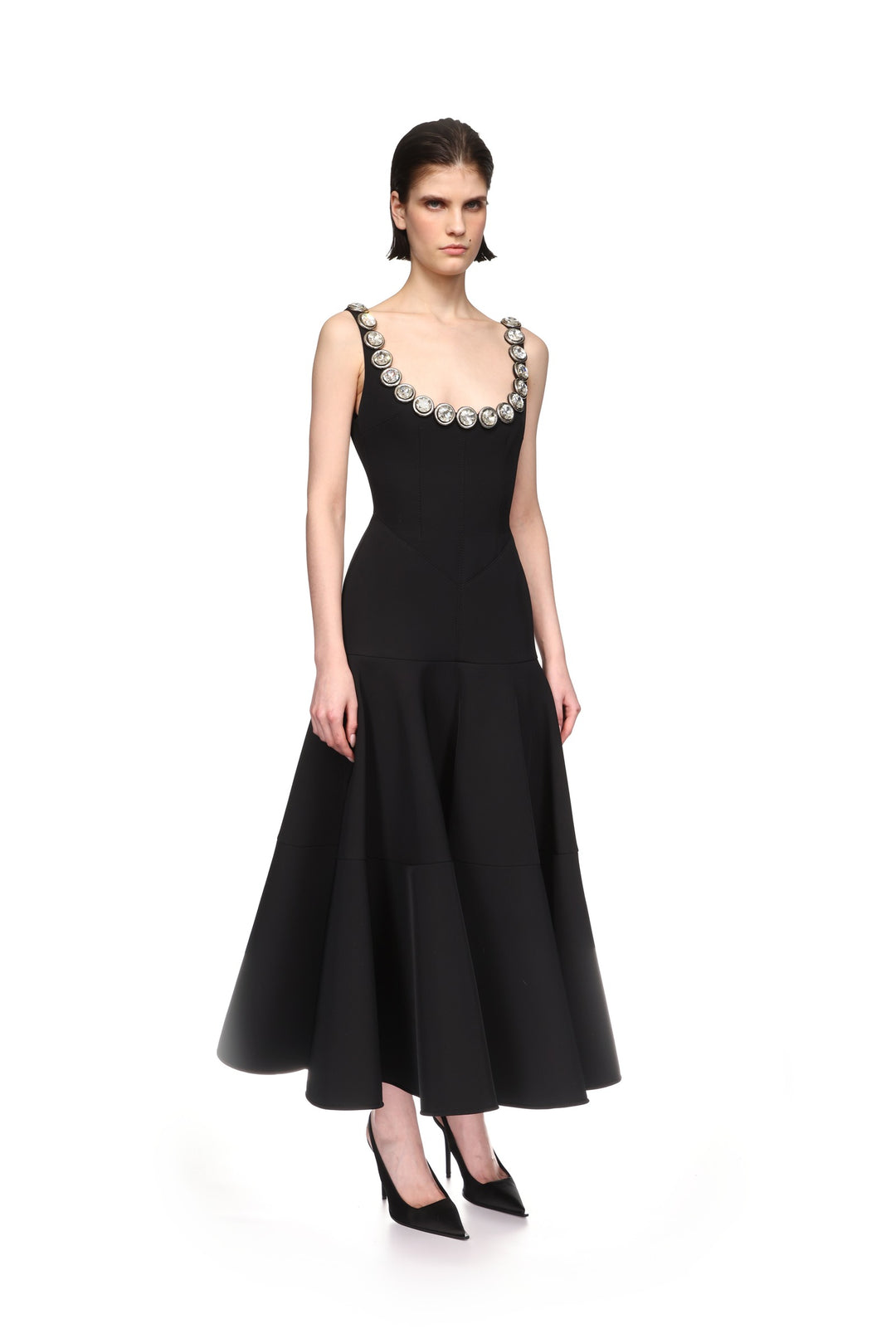CRYSTAL EMBROIDERED NECKLINE MIDI DRESS