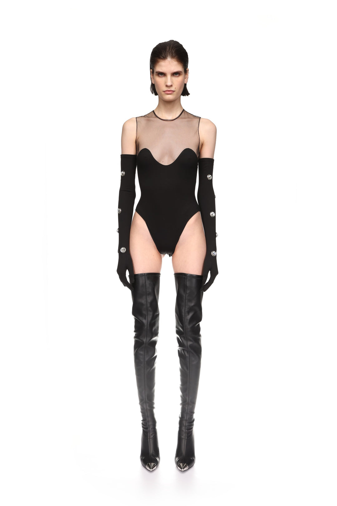 WAVE NECKLINE AND TULLE BODYSUIT IN BLACK