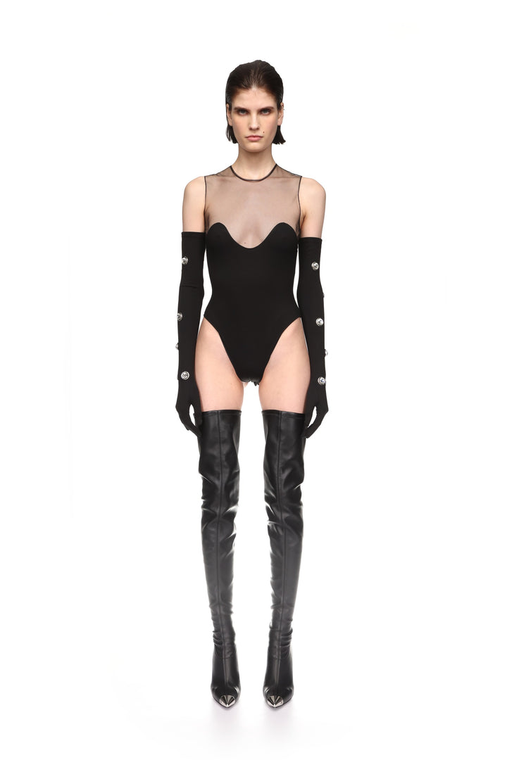 WAVE NECKLINE AND TULLE BODYSUIT IN BLACK