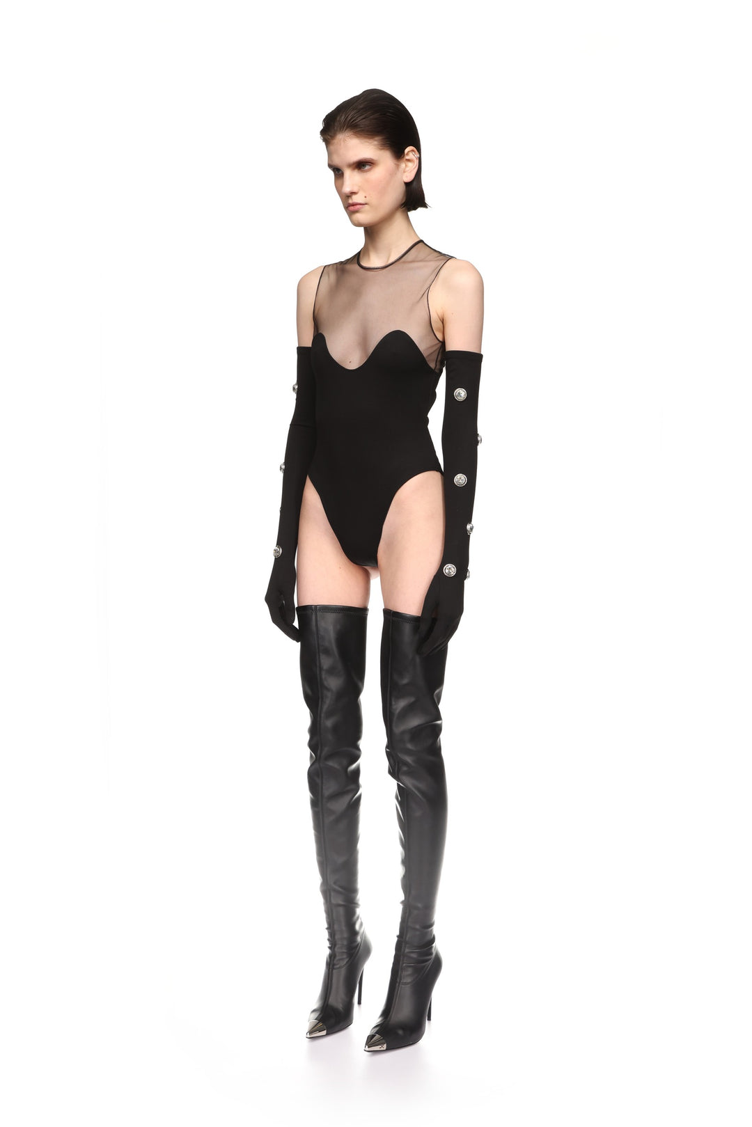 WAVE NECKLINE AND TULLE BODYSUIT IN BLACK