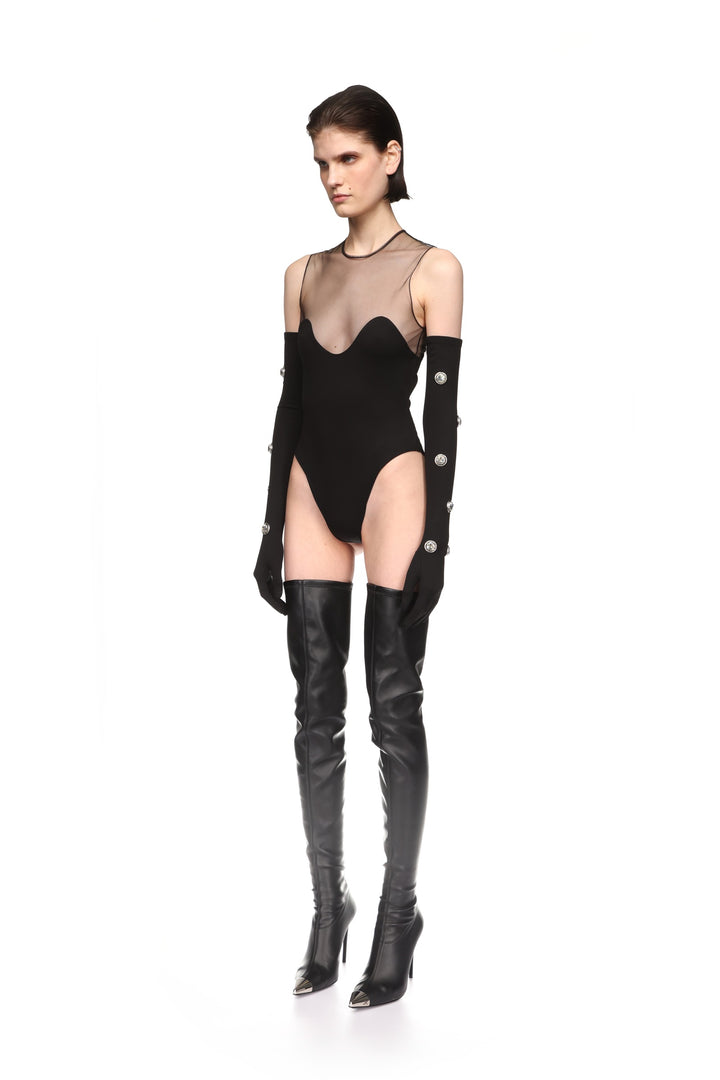 WAVE NECKLINE AND TULLE BODYSUIT IN BLACK