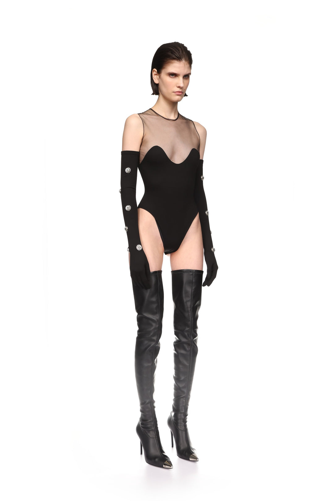 WAVE NECKLINE AND TULLE BODYSUIT IN BLACK