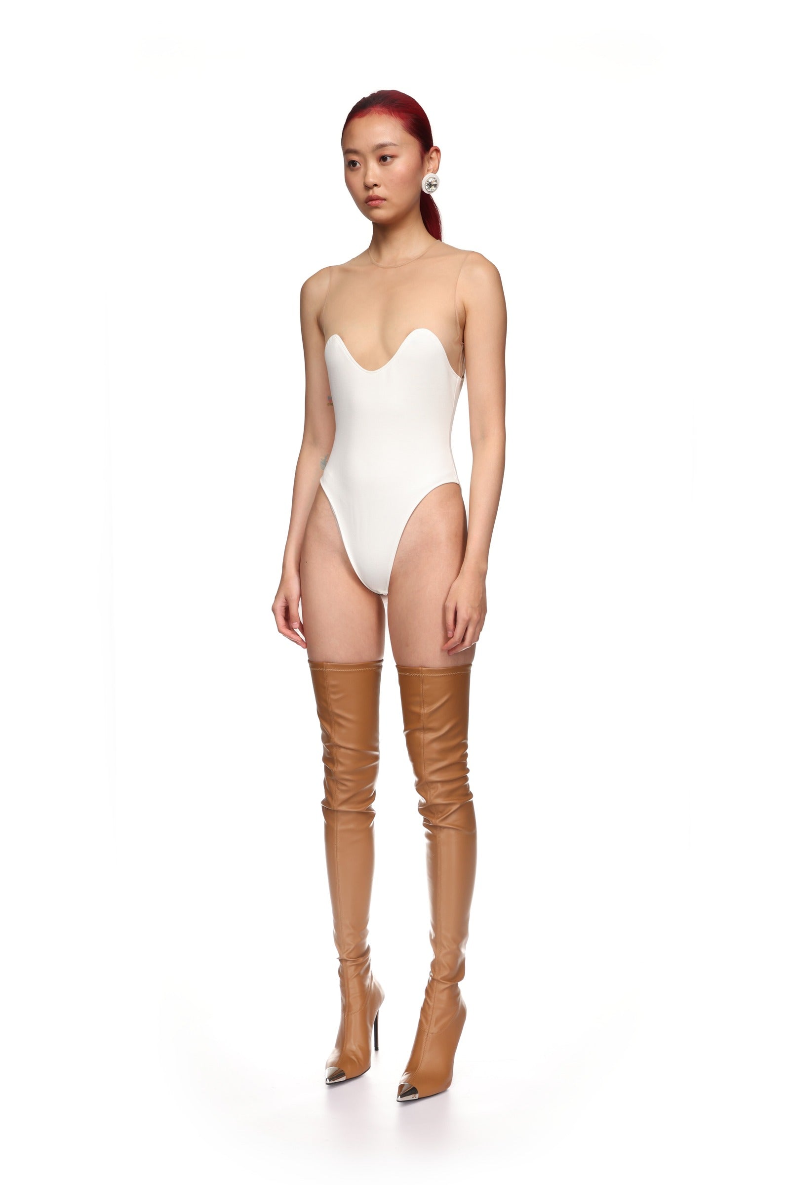 ワンピース DAVID KOMA Women Mid Skirts RE25DK57DL CREAM White WAVE NECKLINE TULLE INSERT BODYSUIT IN WHITE – David Koma