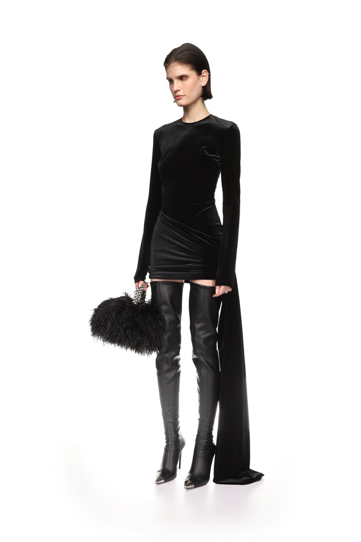 ASYMMETRIC HEM VELVET MINI DRESS