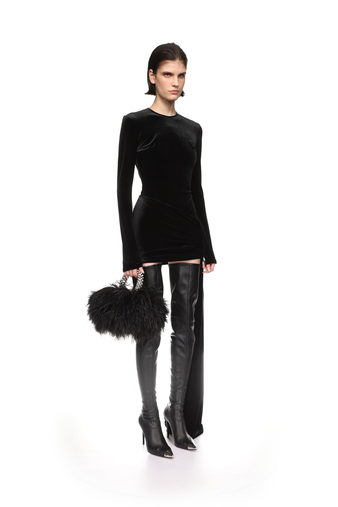 ASYMMETRIC HEM VELVET MINI DRESS