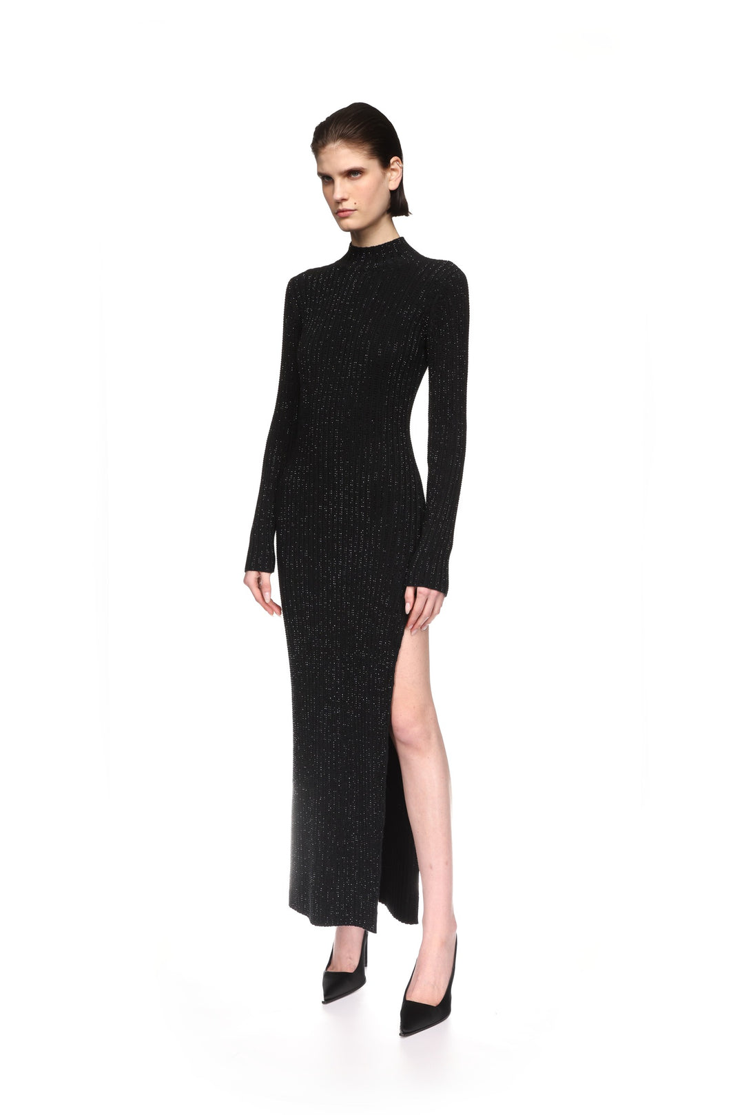 RHINESTONE EMBROIDERED KNITTED MIDI DRESS