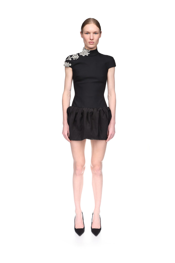 CRYSTAL BROOCH AND PUFF SKIRT MINI DRESS