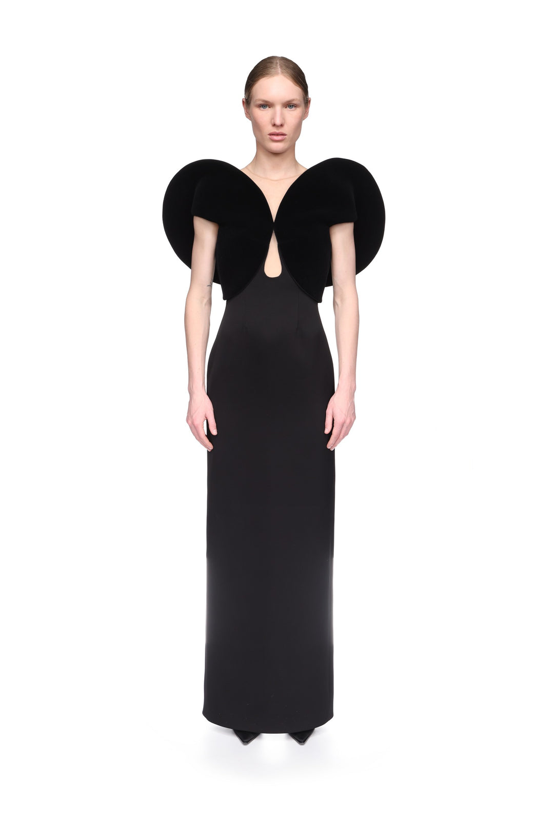 VELVET CIRCULAR SLEEVE AND SATIN GOWN