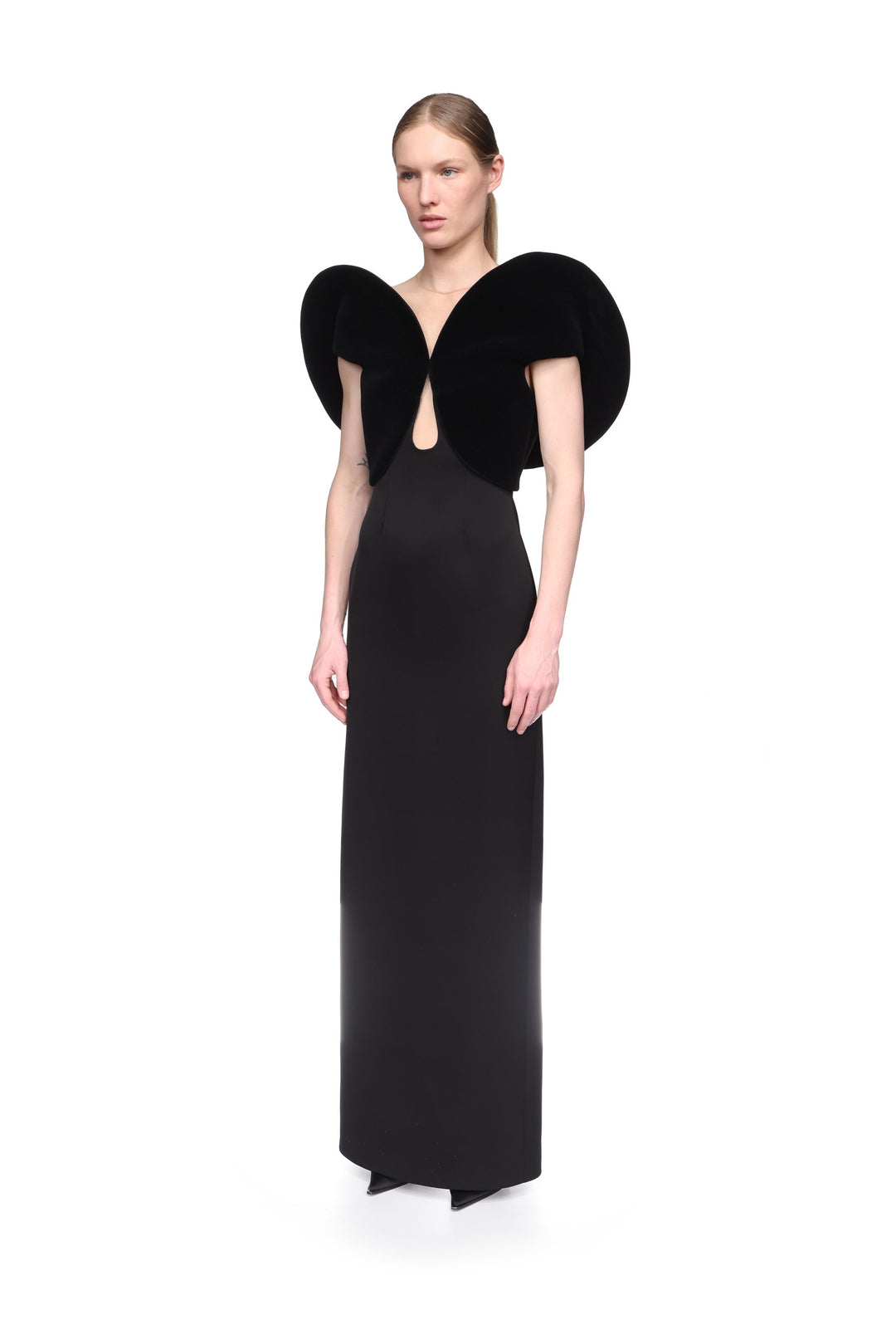 VELVET CIRCULAR SLEEVE AND SATIN GOWN