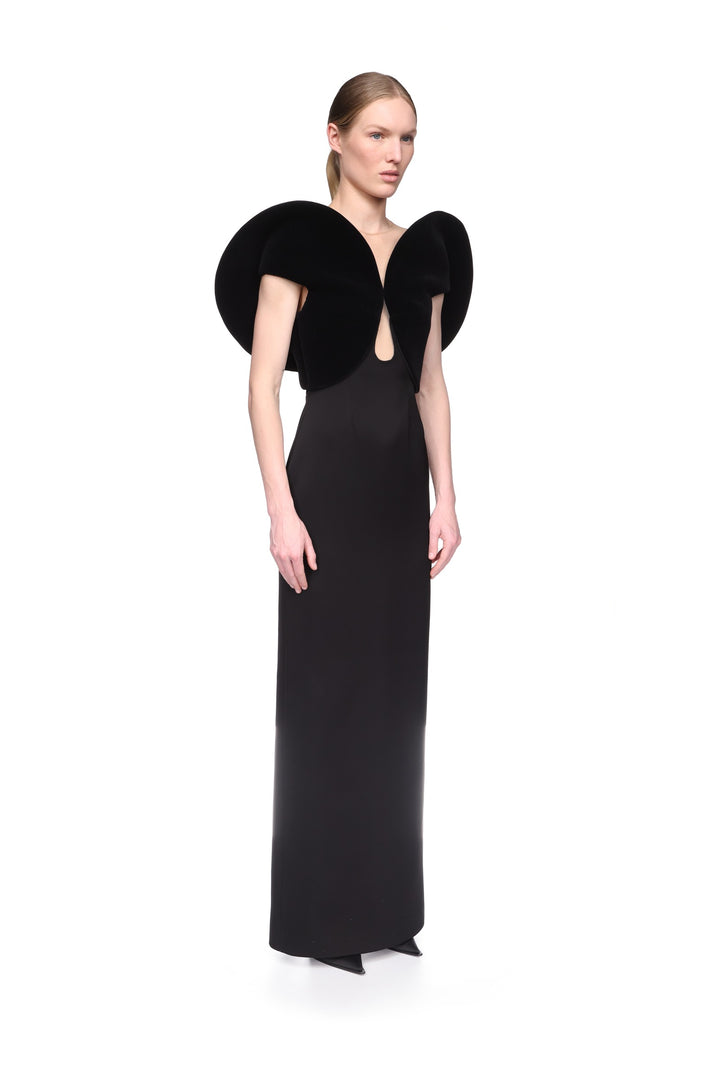 VELVET CIRCULAR SLEEVE AND SATIN GOWN