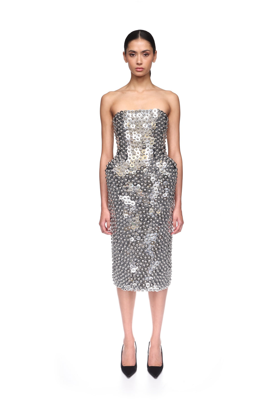 SILVER SPHERES AND PADDED HIP MIDI DRESS