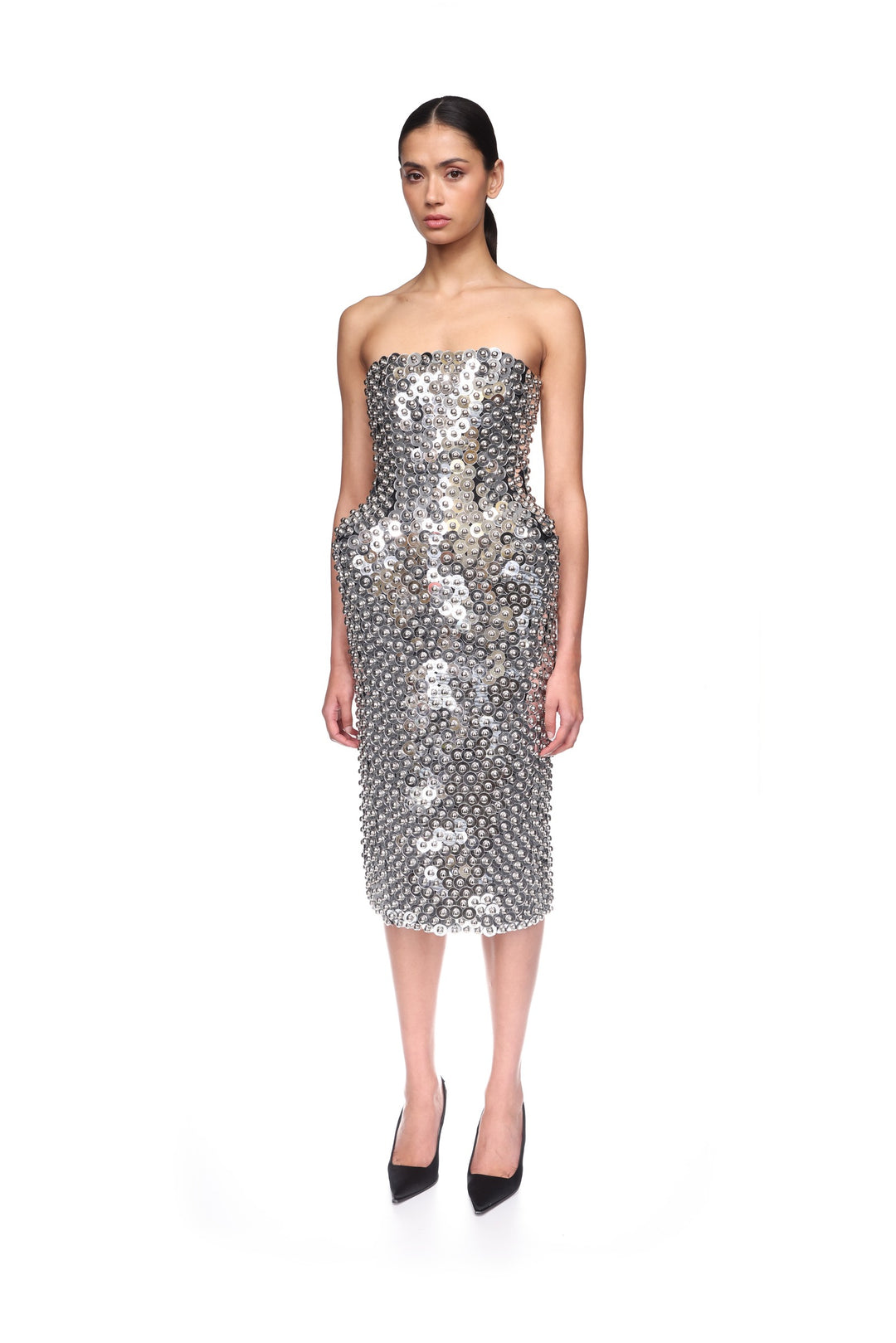 SILVER SPHERES AND PADDED HIP MIDI DRESS