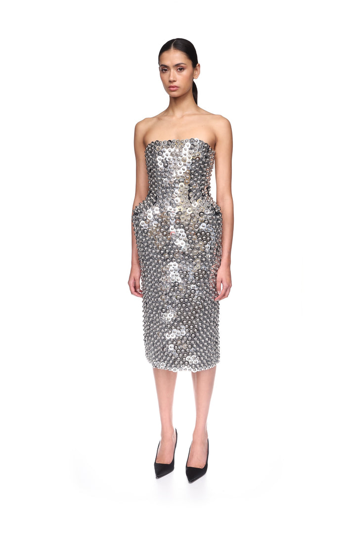 SILVER SPHERES AND PADDED HIP MIDI DRESS