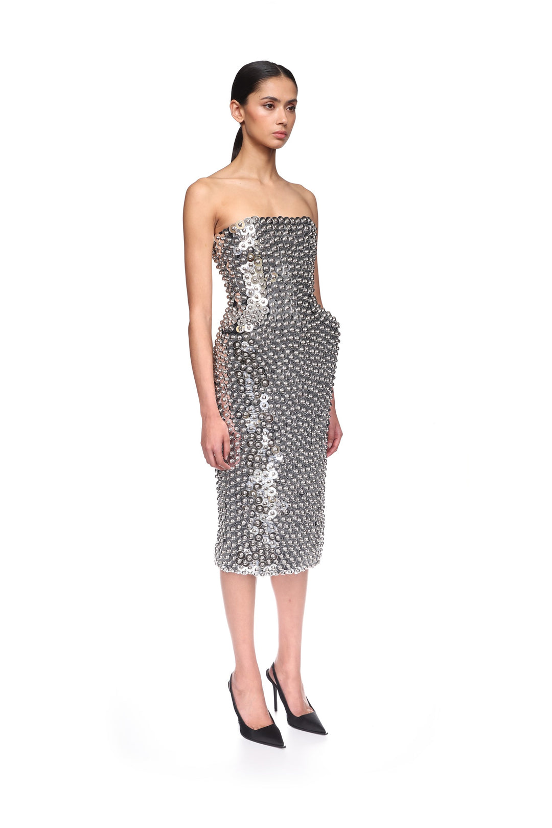 SILVER SPHERES AND PADDED HIP MIDI DRESS