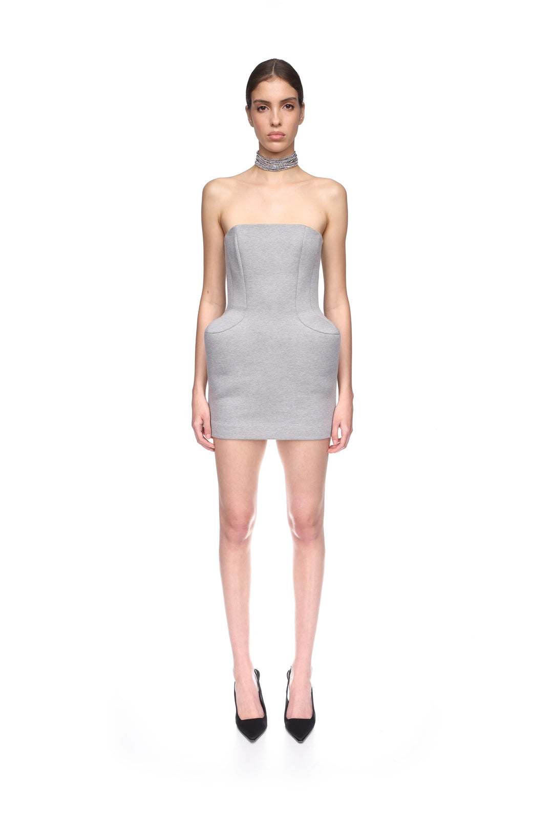 PADDED HIP DETAIL STRAPLESS MINI DRESS IN GREY