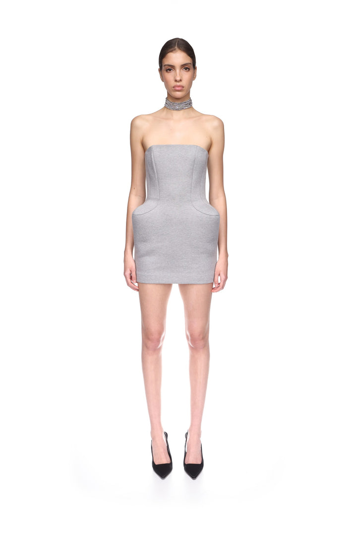PADDED HIP DETAIL STRAPLESS MINI DRESS IN GREY