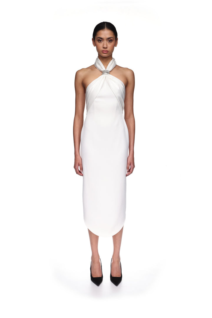 CRYSTAL ARCH HALTER MIDI DRESS