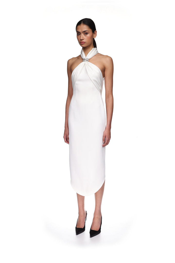 CRYSTAL ARCH HALTER MIDI DRESS