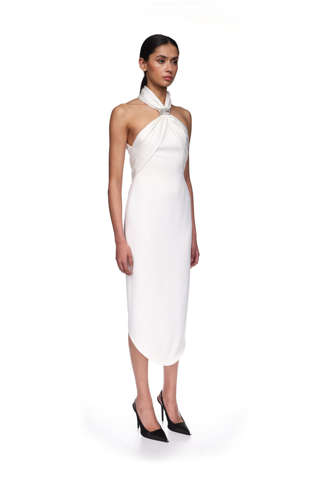 CRYSTAL ARCH HALTER MIDI DRESS