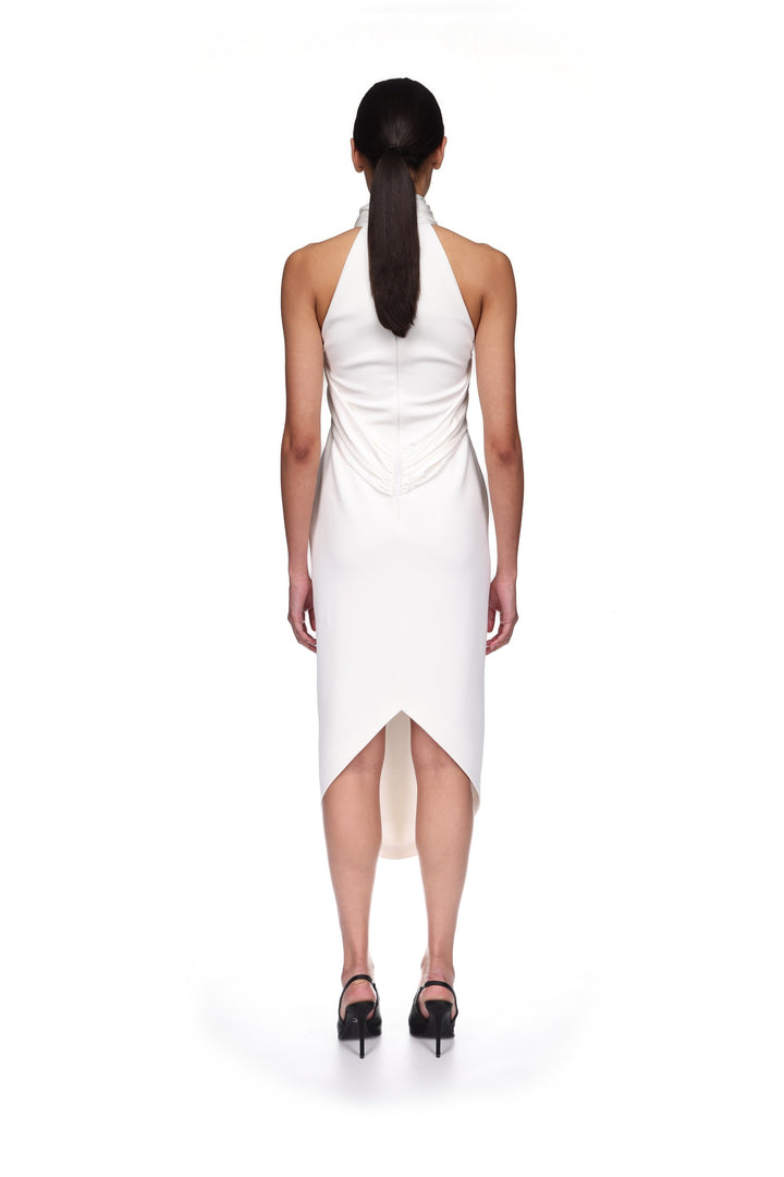 CRYSTAL ARCH HALTER MIDI DRESS