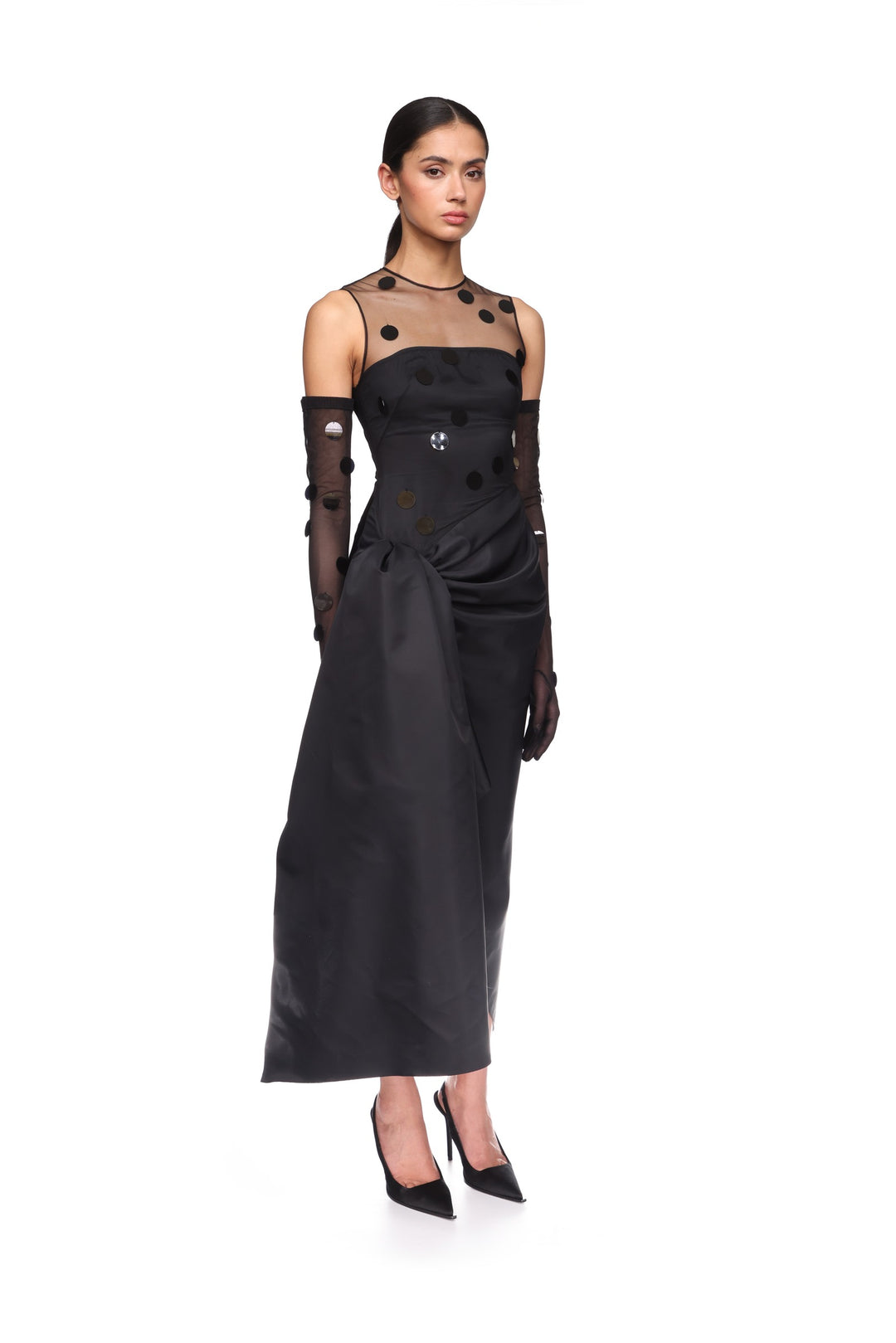 POLKA-DOT DISCS AND DRAPED SKIRT MIDI DRESS