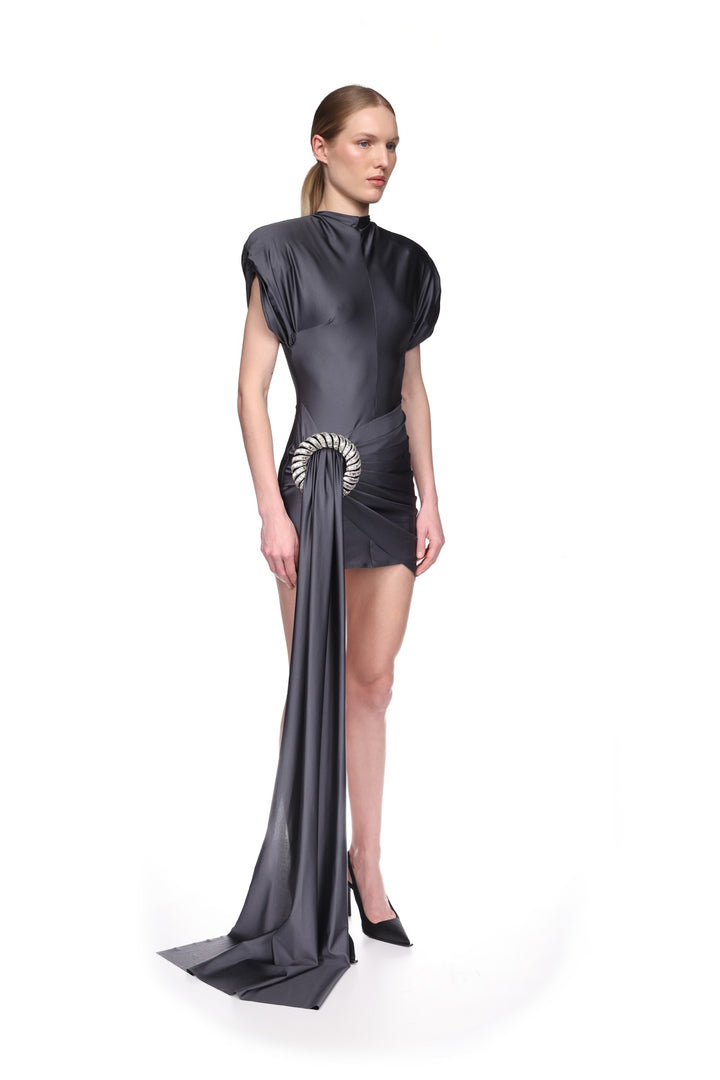 CRYSTAL SPIRAL AND LONG DRAPE MINI DRESS